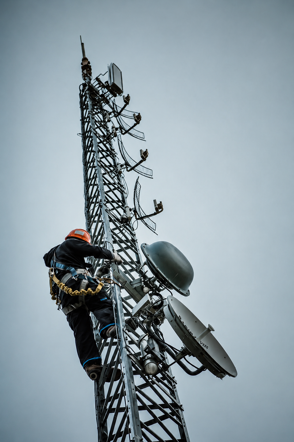 Telecommunications tower at dusk over a city skyline